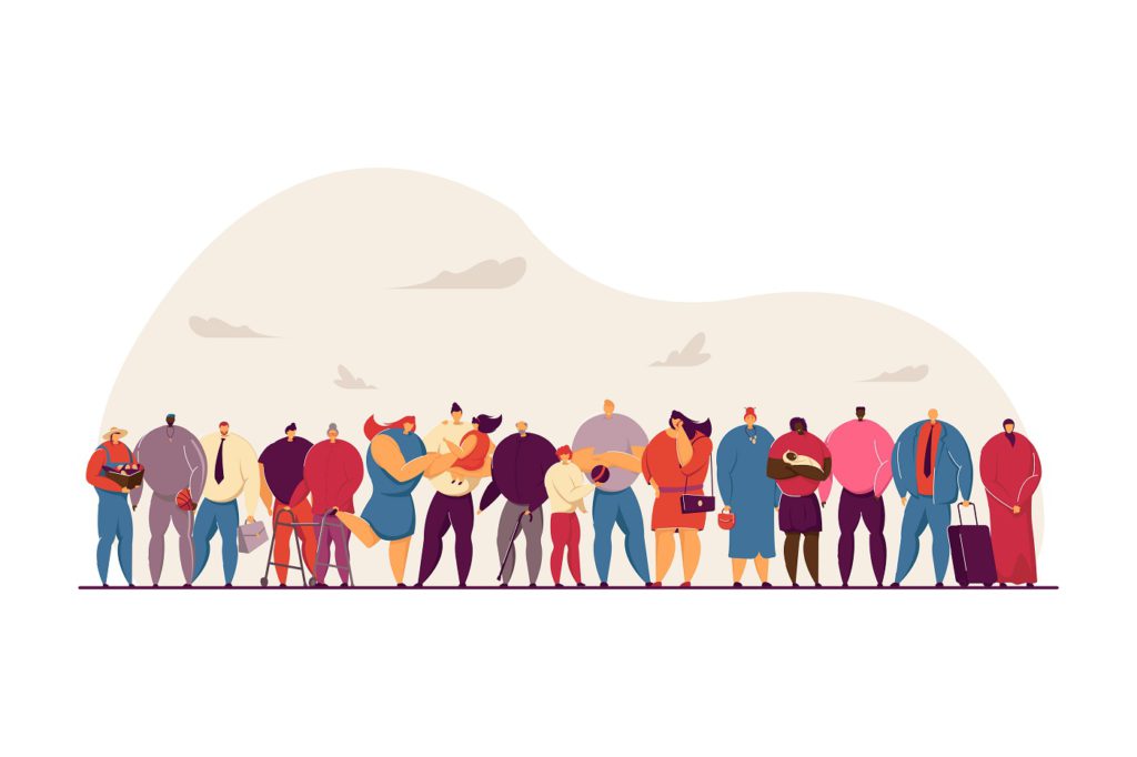 Multicultural community members. Family with kids, diverse multinational crowd of old and young people standing together. Vector illustration for civil society, diversity, inclusion concept