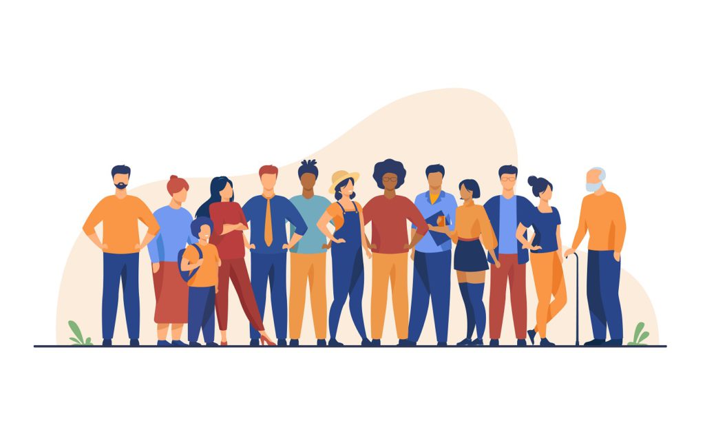 Diverse crowd of people of different ages and races. Multiracial community members standing together. Vector illustration for civil society, diversity, multinational public concept