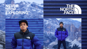 The North Face banner with a male model wearing blue and black jacket