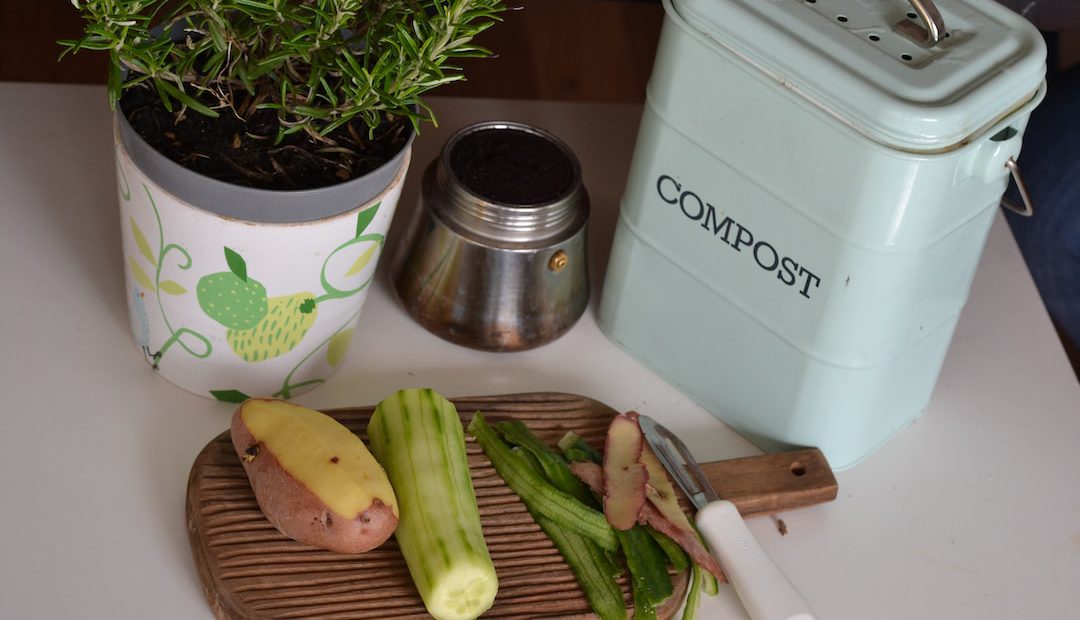vegetable and plant pot and a bin written compost on it