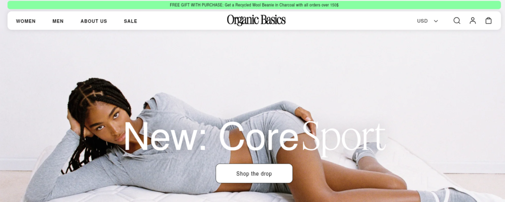 Organic Basics website landing page
