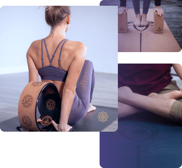 three image of people doing yoga on Tranquil Yogi Oasis Yoga Mat