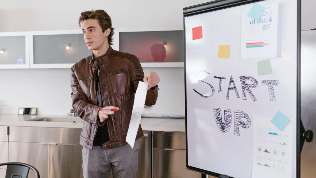 person giving presentation on startup idea