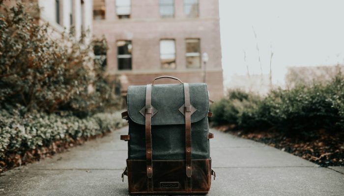 grey and brown backpack